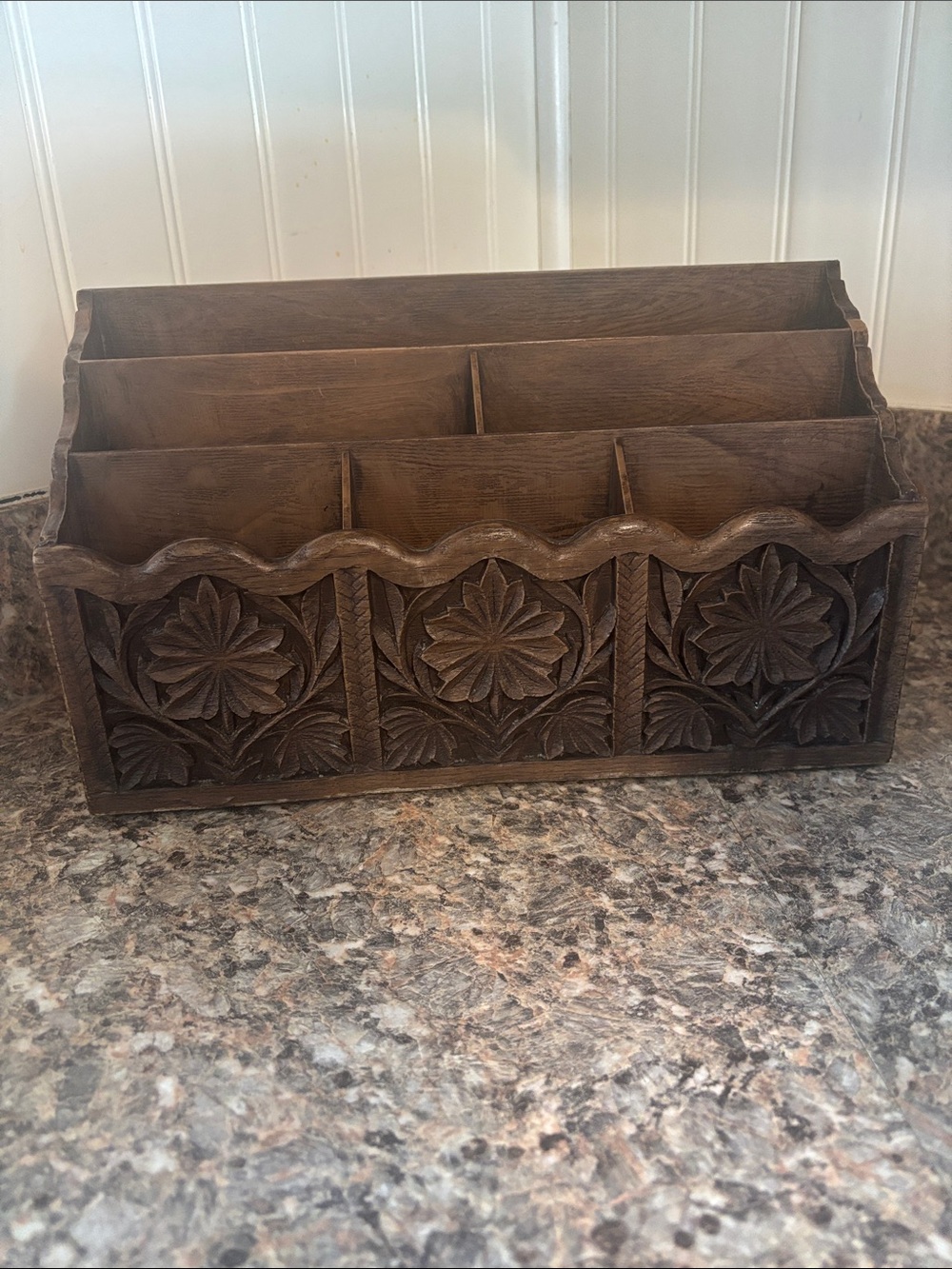 Vintage Lerner Faux Carved Wood Letter Holder Mail Desk Organizer Bill Sorter